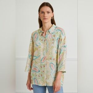 NWT Itallian 100% Linen beachy island button up shirt coastal paisley artsy OS